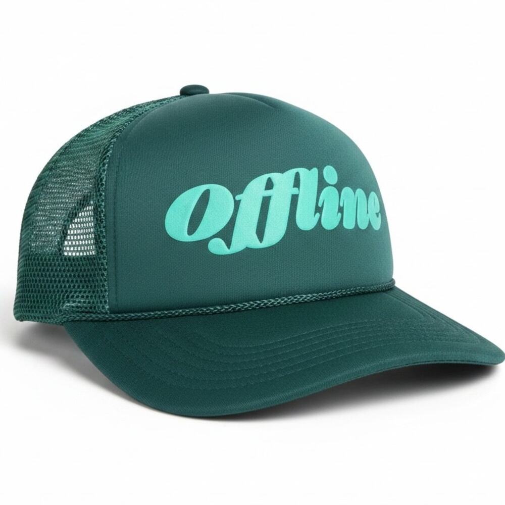 Offline Trucker Hat Cap Snapback Green Foam Mesh Back Spell Out Introvert